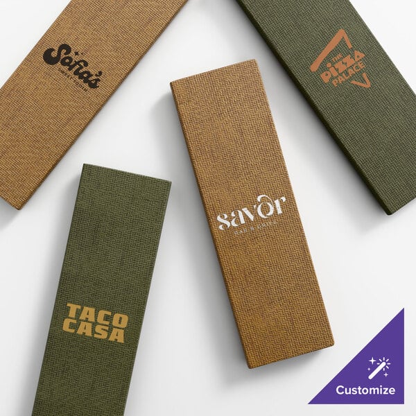 A set of four customizable wicker-textured menu covers in green and brown, each displaying different restaurant logos.