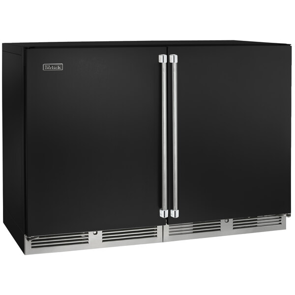 A black Perlick wine refrigerator with silver handles and two doors.