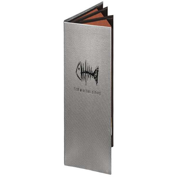 A silver and black Menu Solutions quad panel menu cover with an orange logo.