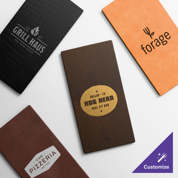 A selection of customizable slim line menu covers in various colors and textures, each featuring different restaurant logos.