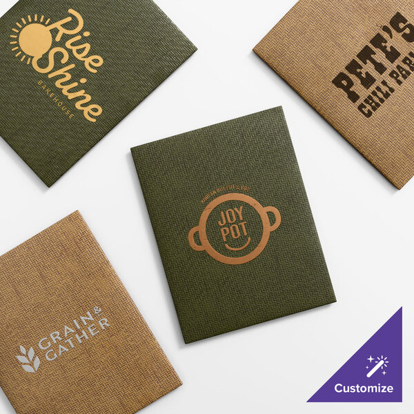 A set of four customizable wicker-textured menu covers in green and brown tones, each featuring different restaurant logos and designs.