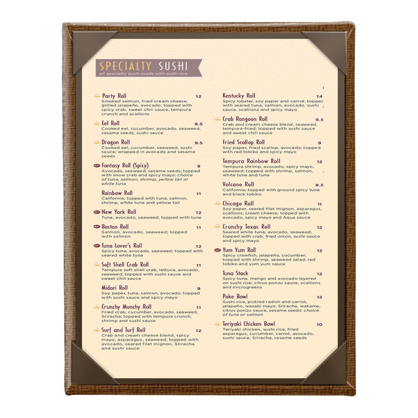 A wicker-framed, single-view menu cover displaying a specialty sushi menu.