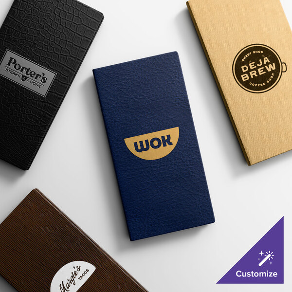 A selection of customizable slim line menu covers in various colors and textures, each featuring different restaurant logos.