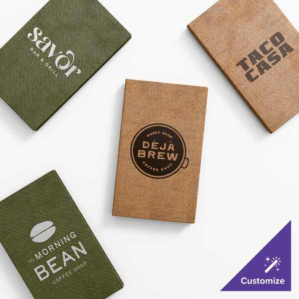 A set of four customizable quad panel booklet menu covers in green and brown colors, each featuring different restaurant or coffee shop logos.