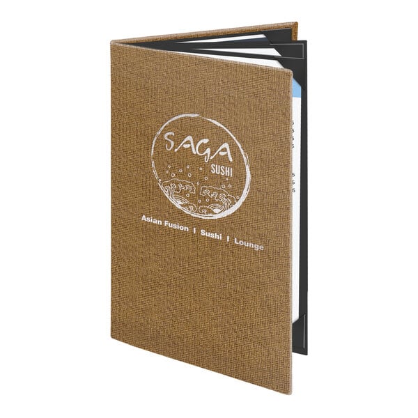 Menu Solutions WK160D Water Street Wicker 8 1/2" x 14" Customizable Quad Panel 6 View Booklet Menu Cover