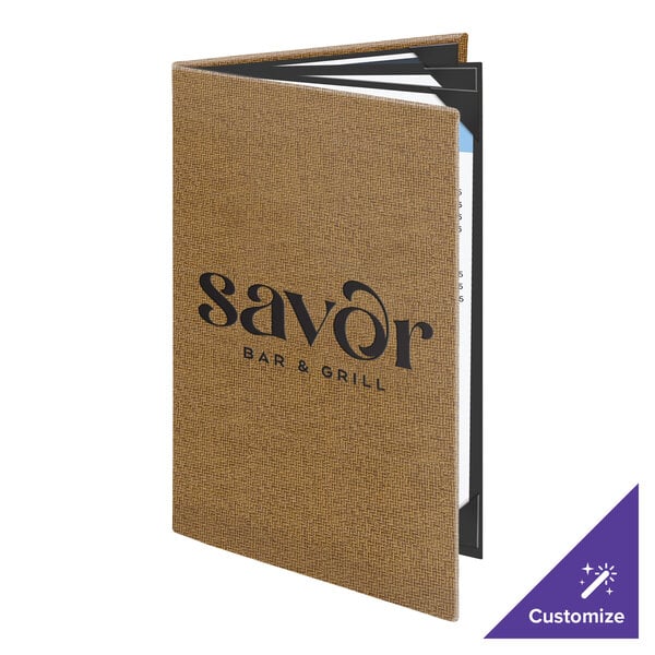 Menu Solutions WK160D Water Street Wicker 8 1/2" x 14" Customizable Quad Panel 6 View Booklet Menu Cover