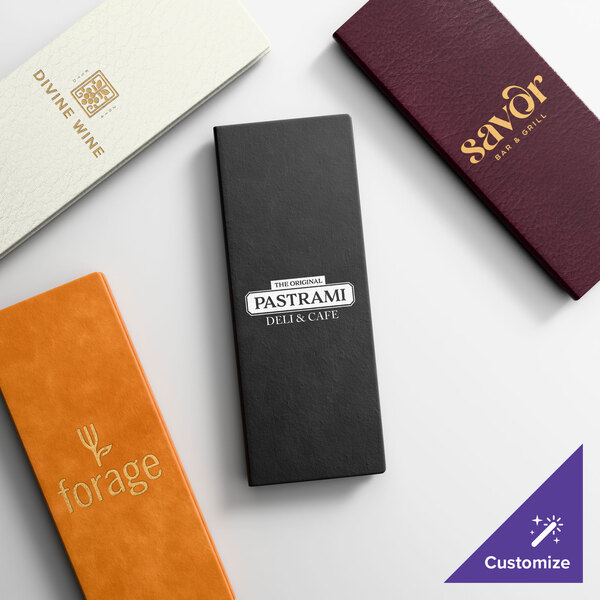A selection of four slim, customizable menu covers in various colors and finishes, designed for restaurants and cafes.