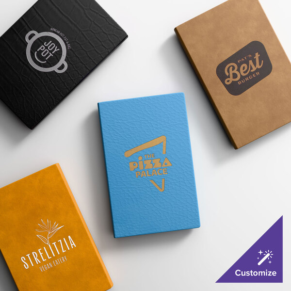 A selection of customizable slim line menu covers in various colors and designs.