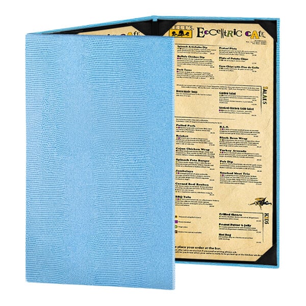 A blue textured menu cover partially open to reveal a printed menu inside.