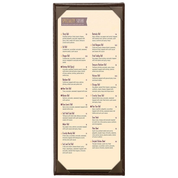 A brown and white Menu Solutions Wicker menu cover with one view.