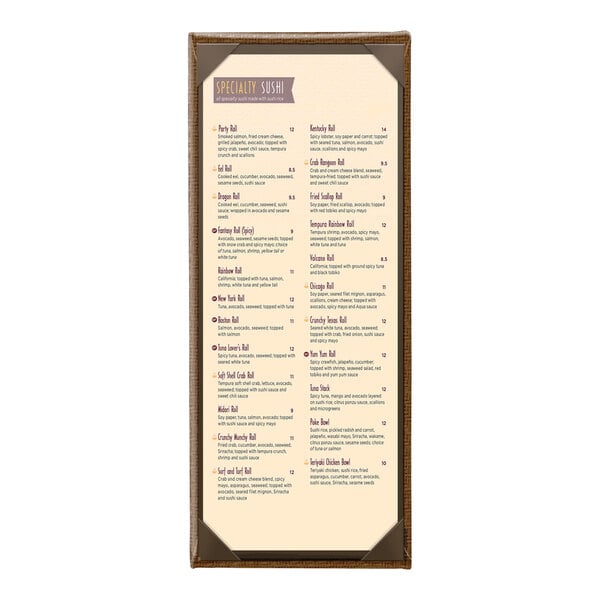 A brown wicker-framed, single-view menu cover displaying a specialty sushi menu.