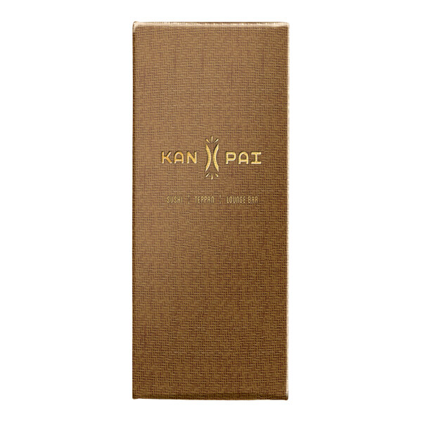 A brown textured customizable menu cover with gold lettering and a central logo.