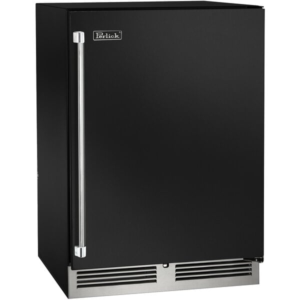 A black Perlick undercounter wine refrigerator with silver handles.