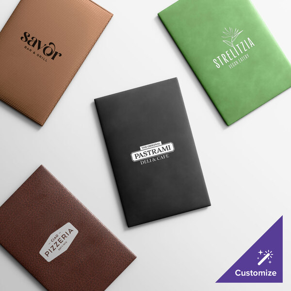 A customizable 5 1/2" x 8 1/2" menu cover available in various colors and styles.