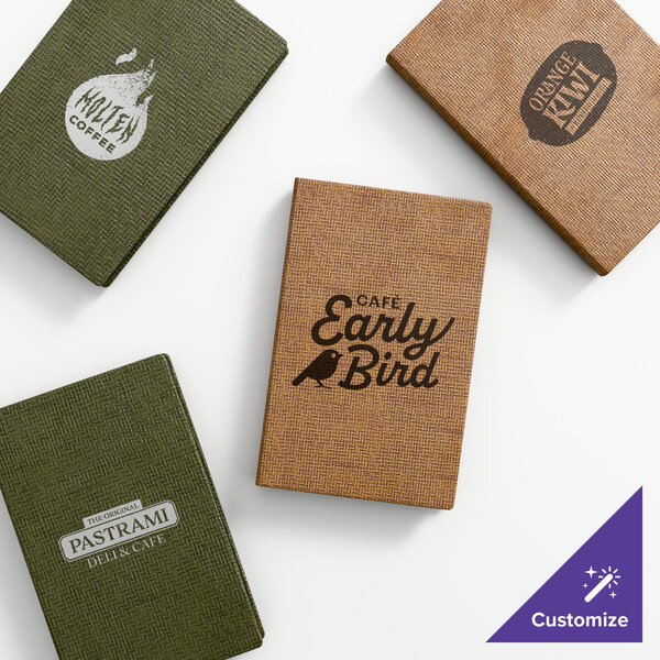 A set of customizable quad panel wicker-textured booklet menu covers in green and brown colors, each featuring different cafe or deli logos.