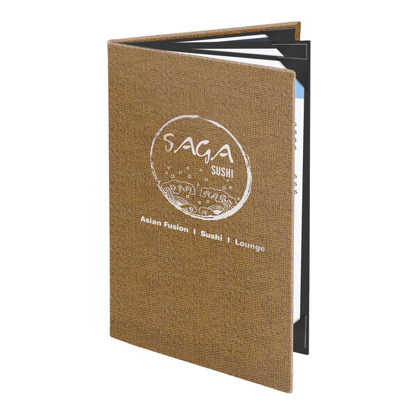 A brown customizable quad panel menu cover with a textured wicker design and visible restaurant branding on the front.