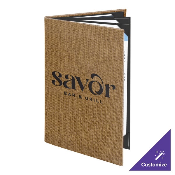 Menu Solutions WK160A Water Street Wicker 5 1/2" x 8 1/2" Customizable Quad Panel 6 View Booklet Menu Cover