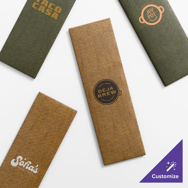 A set of customizable wicker-patterned menu covers in brown and green colors, each featuring different restaurant logos.