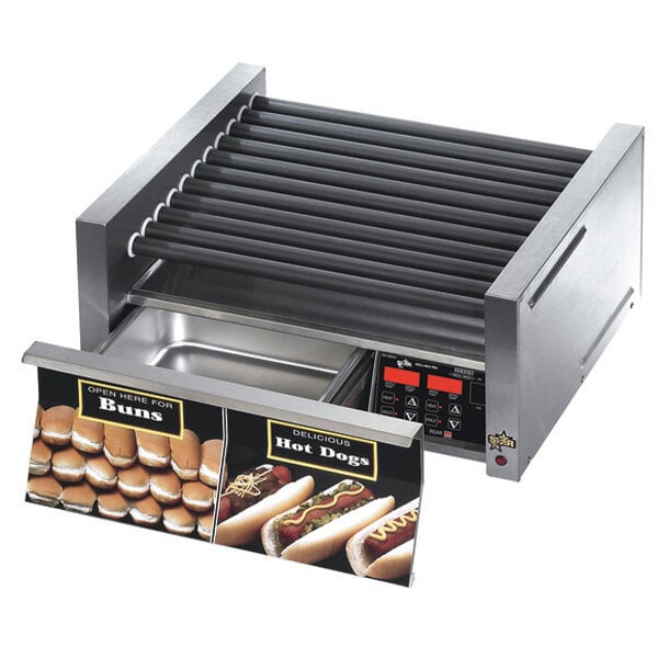 A Star Grill Max hot dog roller with hot dogs and buns in a tray.