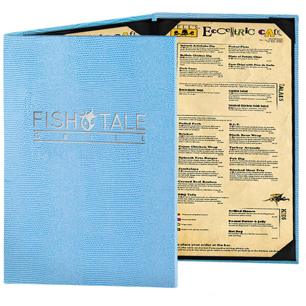 A blue Menu Solutions Slim Line menu cover with menus inside.