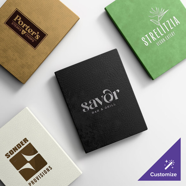 A customizable slim line menu cover available in various colors and textures.