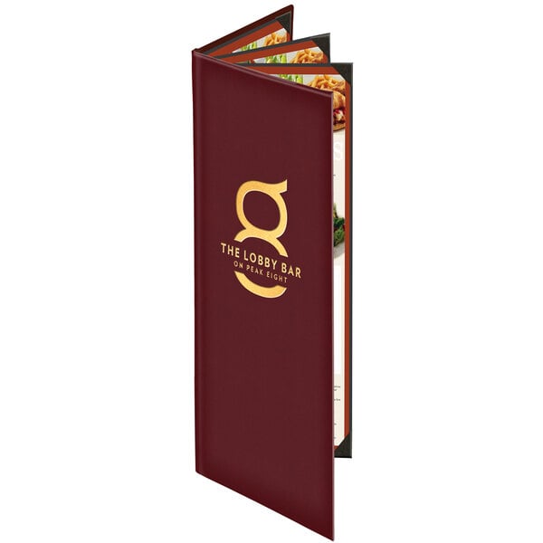 A burgundy Menu Solutions Kensington quad panel menu cover.