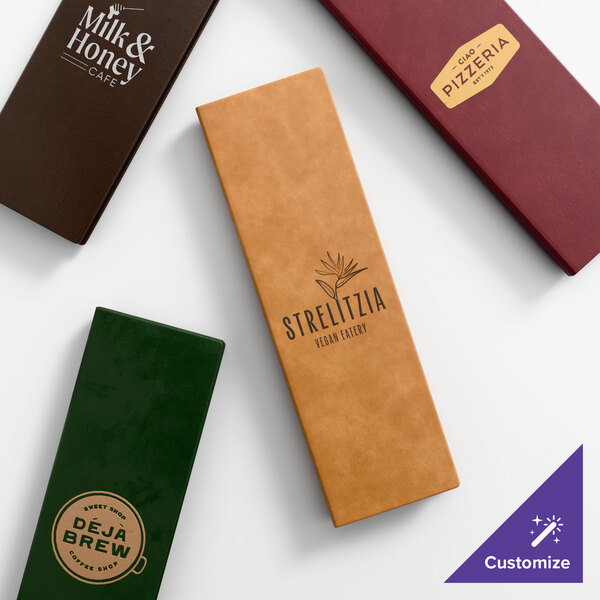 A set of four customizable quad panel booklet menu covers in various colors, each featuring different restaurant logos.