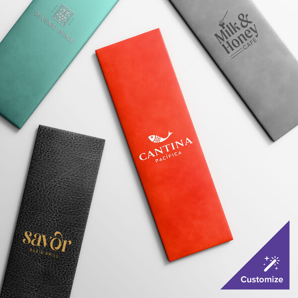 A selection of four customizable, rectangular menu covers in various colors and textures, each featuring different restaurant logos.