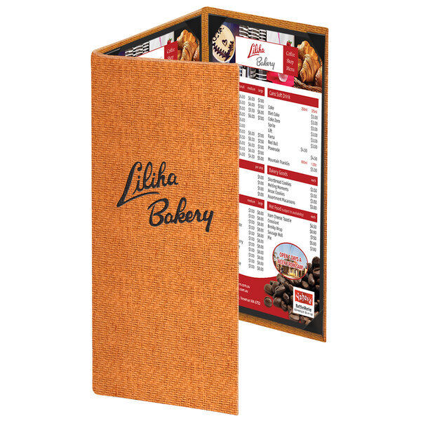 A brown Menu Solutions Water Street wicker menu cover on a white background.