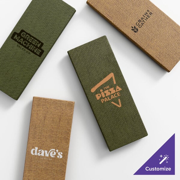 A set of rectangular, textured menu covers in green and brown, each featuring customizable printed logos.