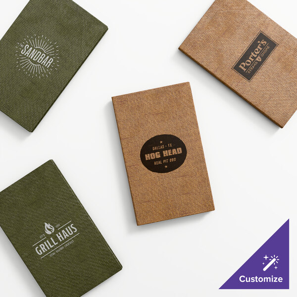 A set of customizable triple panel wicker booklet menu covers in green and brown colors, each featuring different restaurant logos.