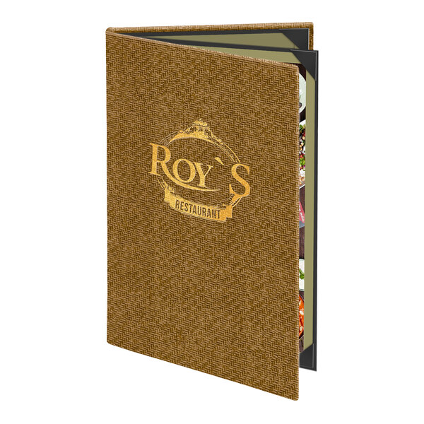 A brown textured triple panel menu cover with 'Roy's Restaurant' printed on the front.