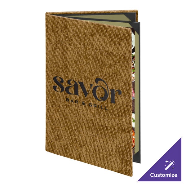 Menu Solutions WK140D Water Street Wicker 8 1/2" x 14" Customizable Triple Panel 4 View Booklet Menu Cover