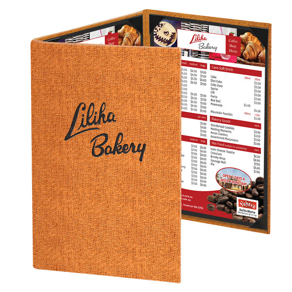 A brown Menu Solutions Water Street wicker menu cover on a table with a price list inside.