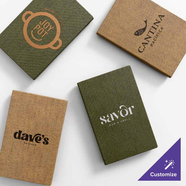 A set of four customizable wicker-textured menu covers in green and tan colors, each featuring different restaurant logos.
