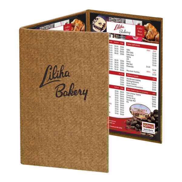 A customizable three-view wicker-textured menu cover displaying a bakery menu.