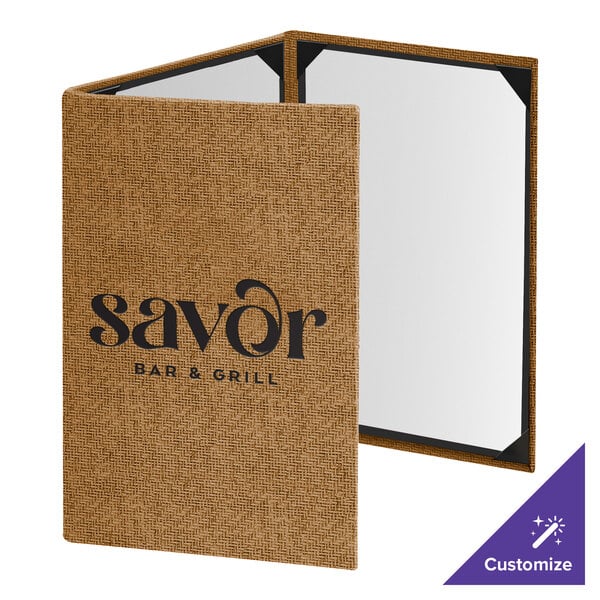 Menu Solutions WK130A Water Street Wicker 5 1/2" x 8 1/2" Customizable 3 View Continuous Menu Cover