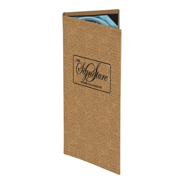 A brown wicker-textured, customizable two-view menu cover with a restaurant logo on the front.