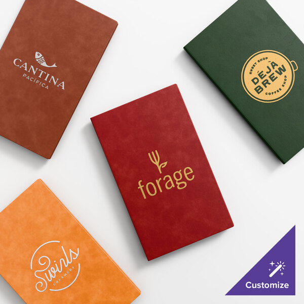 A set of four customizable menu covers in different colors, each featuring a unique logo and design.