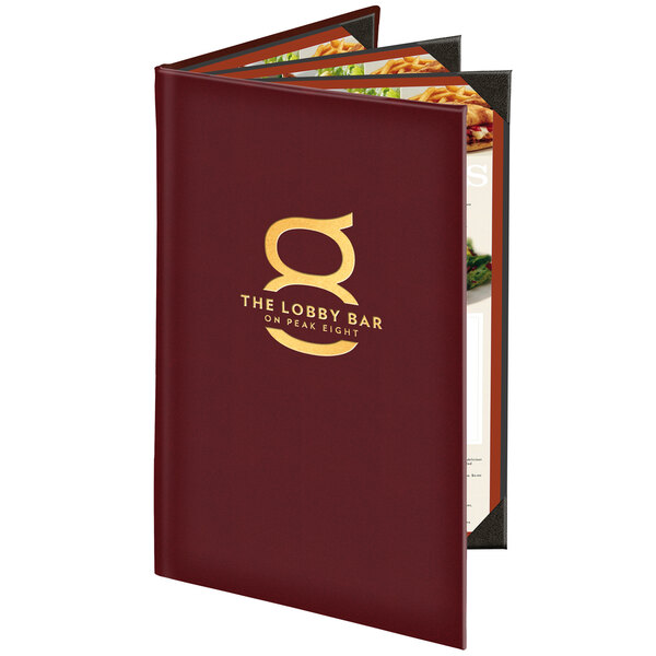 A red Menu Solutions Kensington quad panel menu cover with gold logo.