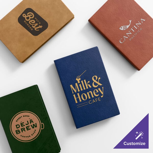 A set of four customizable quad panel booklet menu covers in various colors and designs.