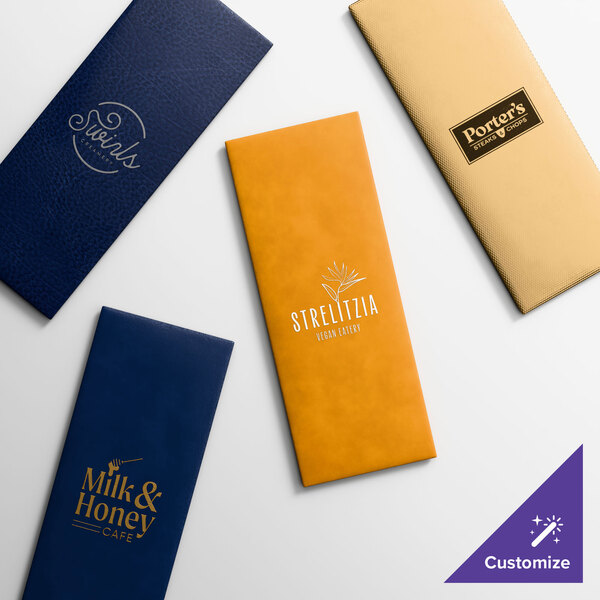 A set of customizable, leather-like menu covers in various colors and designs.