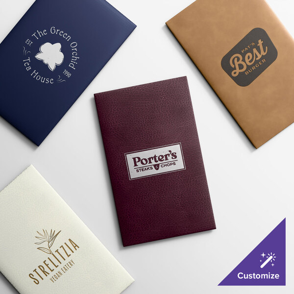 A selection of customizable menu covers in various colors and designs, suitable for restaurants.