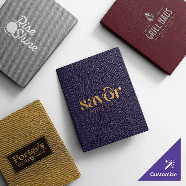 A set of four customizable triple panel menu covers in various colors and textures, designed for restaurants.