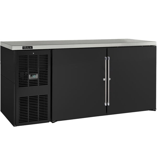 A black Perlick back bar refrigerator with two doors.