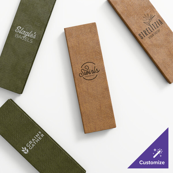 A set of customizable quad panel wicker booklet menu covers in green and brown colors, each featuring different restaurant logos.