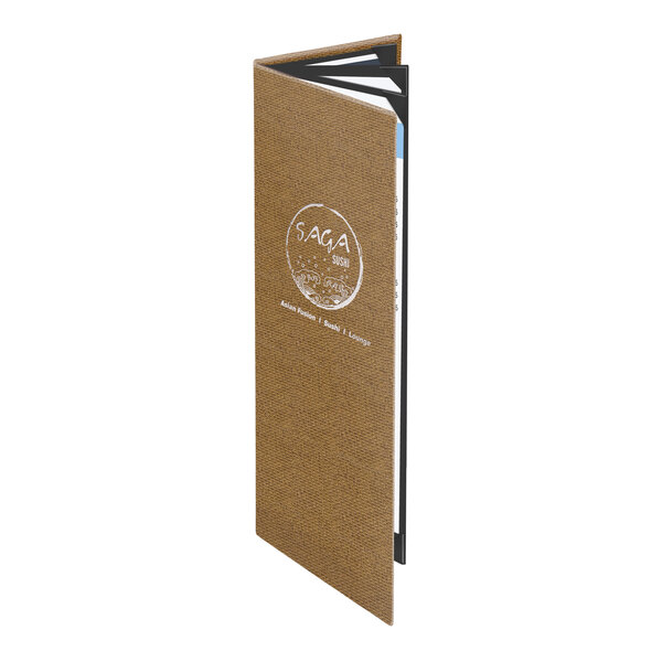 A tall, brown, textured quad panel menu cover with a customizable front, designed to hold six menu pages.