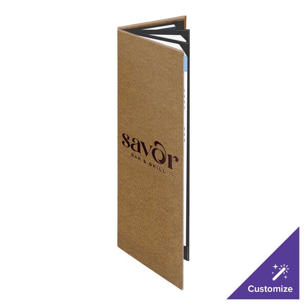 Menu Solutions WK160BD Water Street Wicker 4 1/4" x 14" Customizable Quad Panel 6 View Booklet Menu Cover