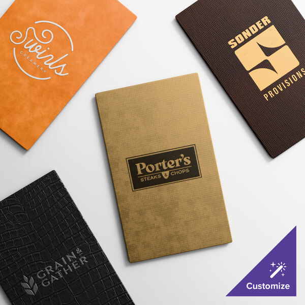 A selection of customizable slim line menu covers in various colors and textures, each featuring different restaurant logos.