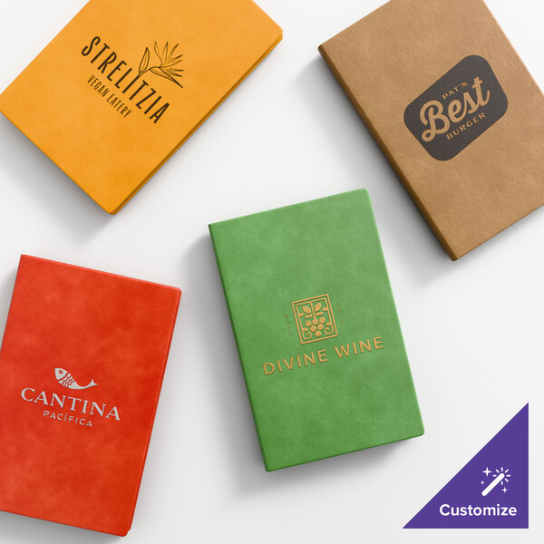 A set of four colorful customizable triple panel booklet menu covers in orange, brown, red, and green.